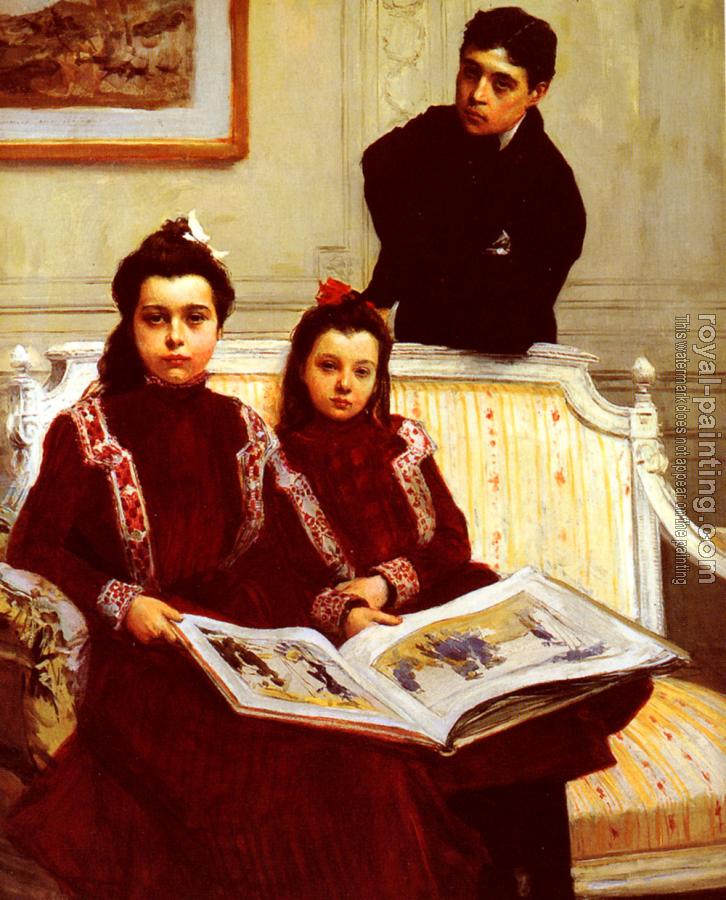 Flameng Francois : Family Portrait of a Boy and his two Sisters